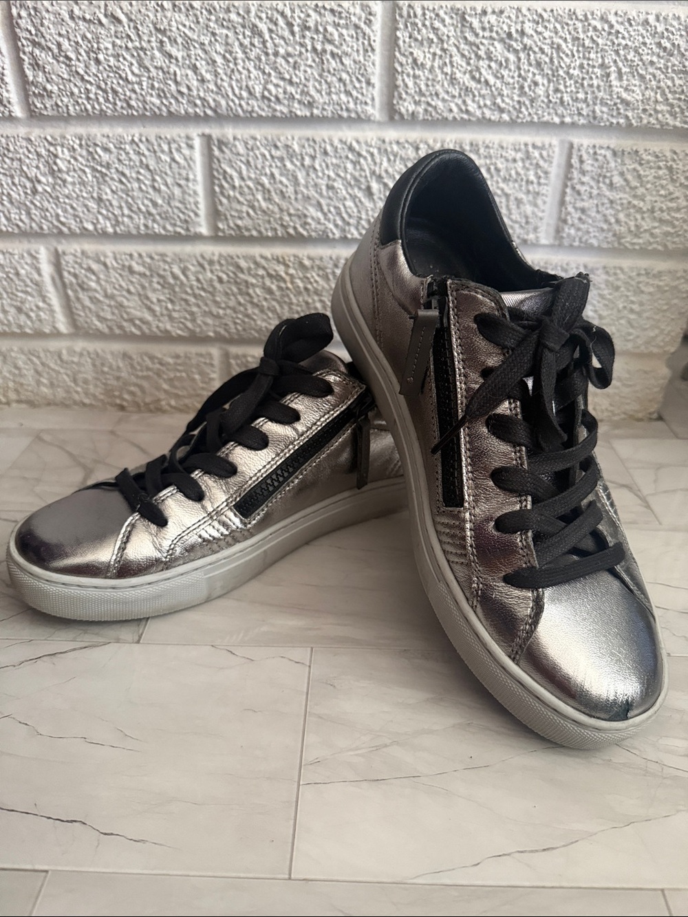 Crime London Metallic Silver Lace-Up Womens Sneakers with Side Zipper